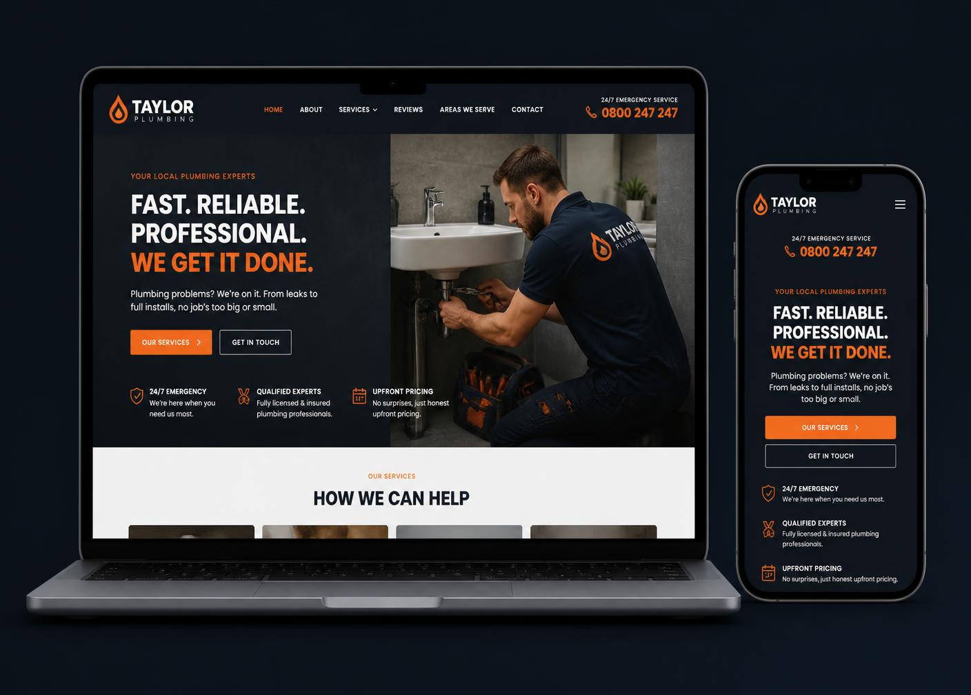 A professional plumbing company website shown on a laptop and a mobile phone