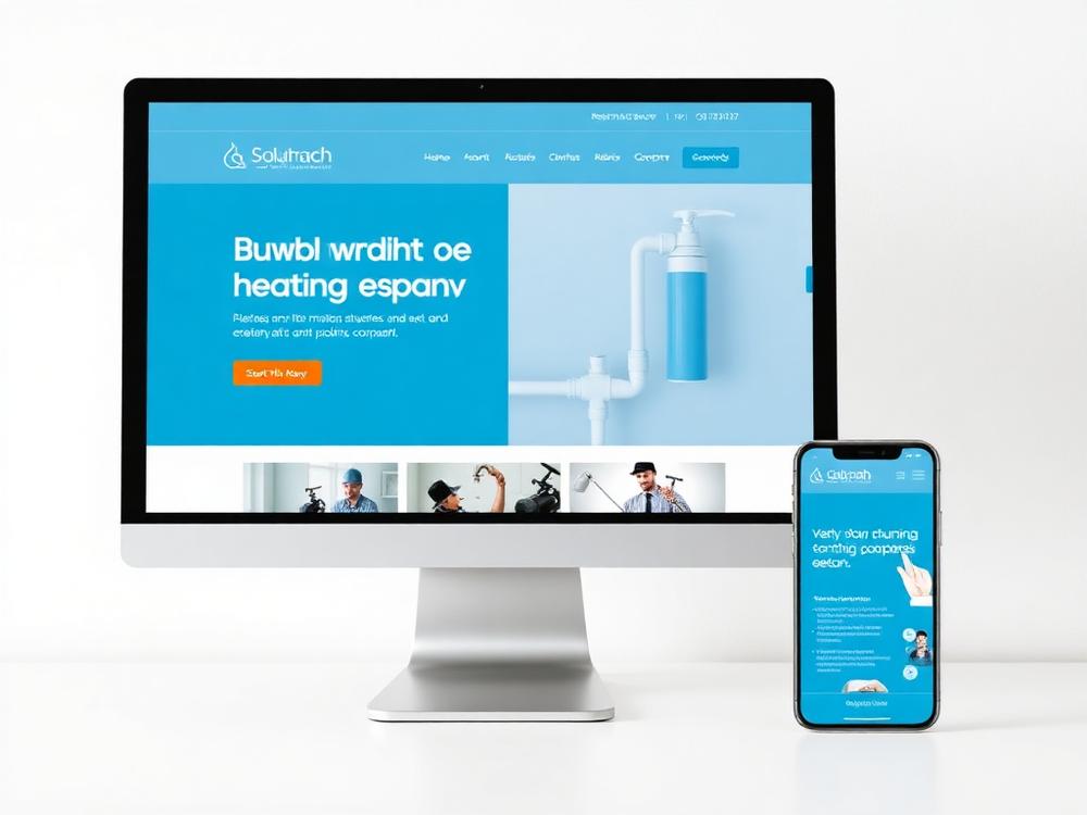Example concept of a plumbing and heating website shown on a desktop monitor and mobile phone